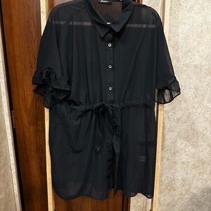 Sheer Button-Up Blouse | Ruffle Sleeves | Black | Emperice | Large